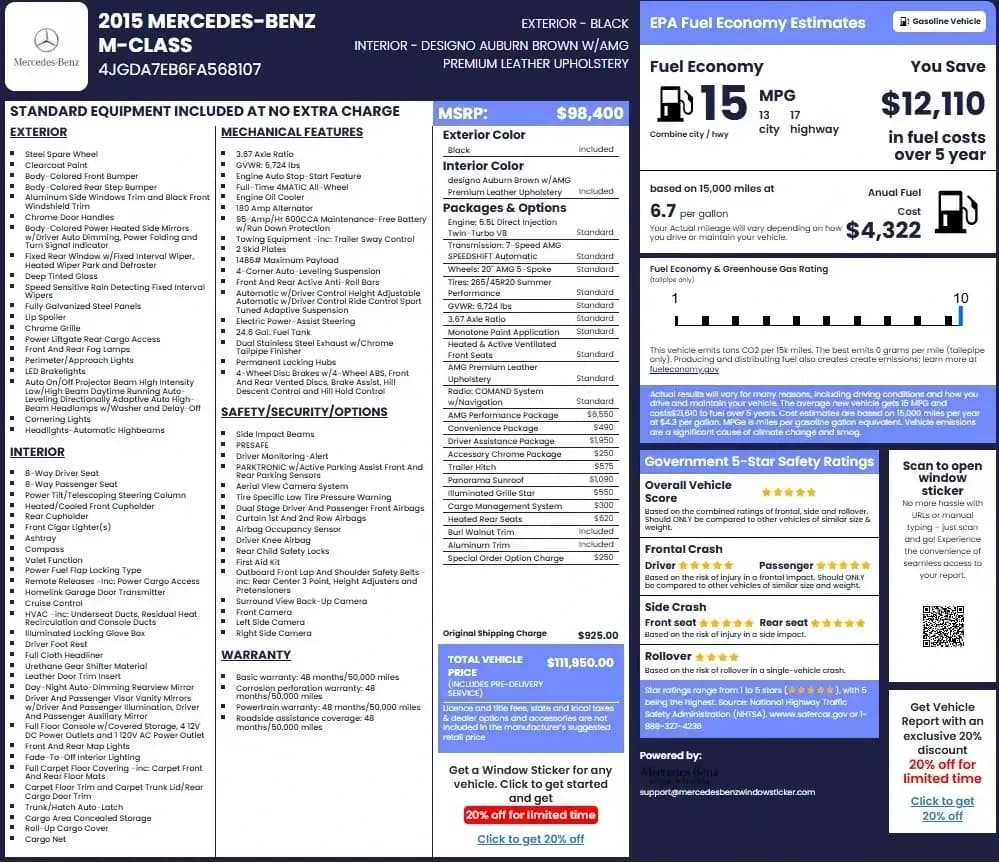 Window Sticker Sample of 2015 MERCEDES-BENZ M-CLASS